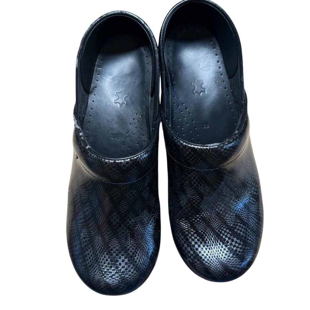 Dansko Professional Clogs 38 Womens Black Silver Snakeskin Checkered Leather‎